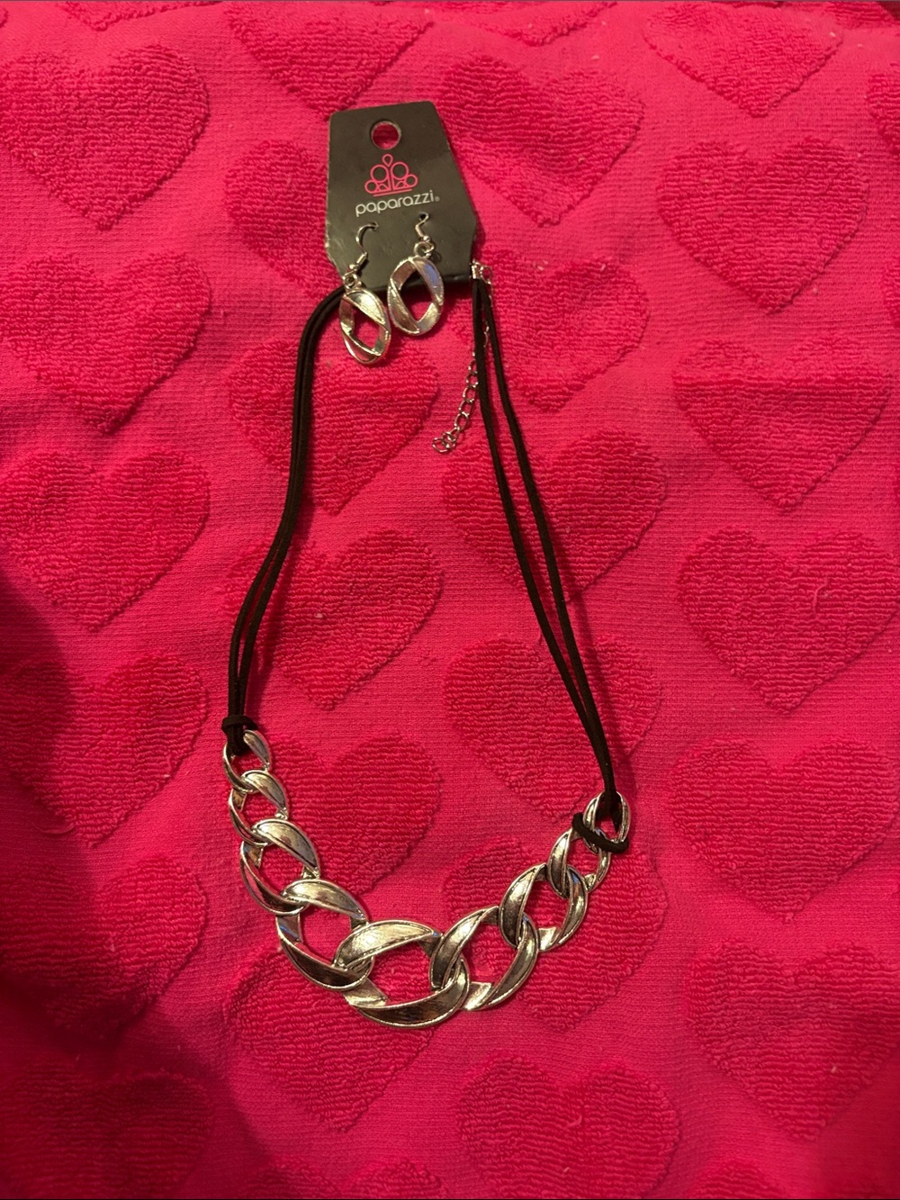 paparazzi Silver Link Necklace with Black Cord and earrings